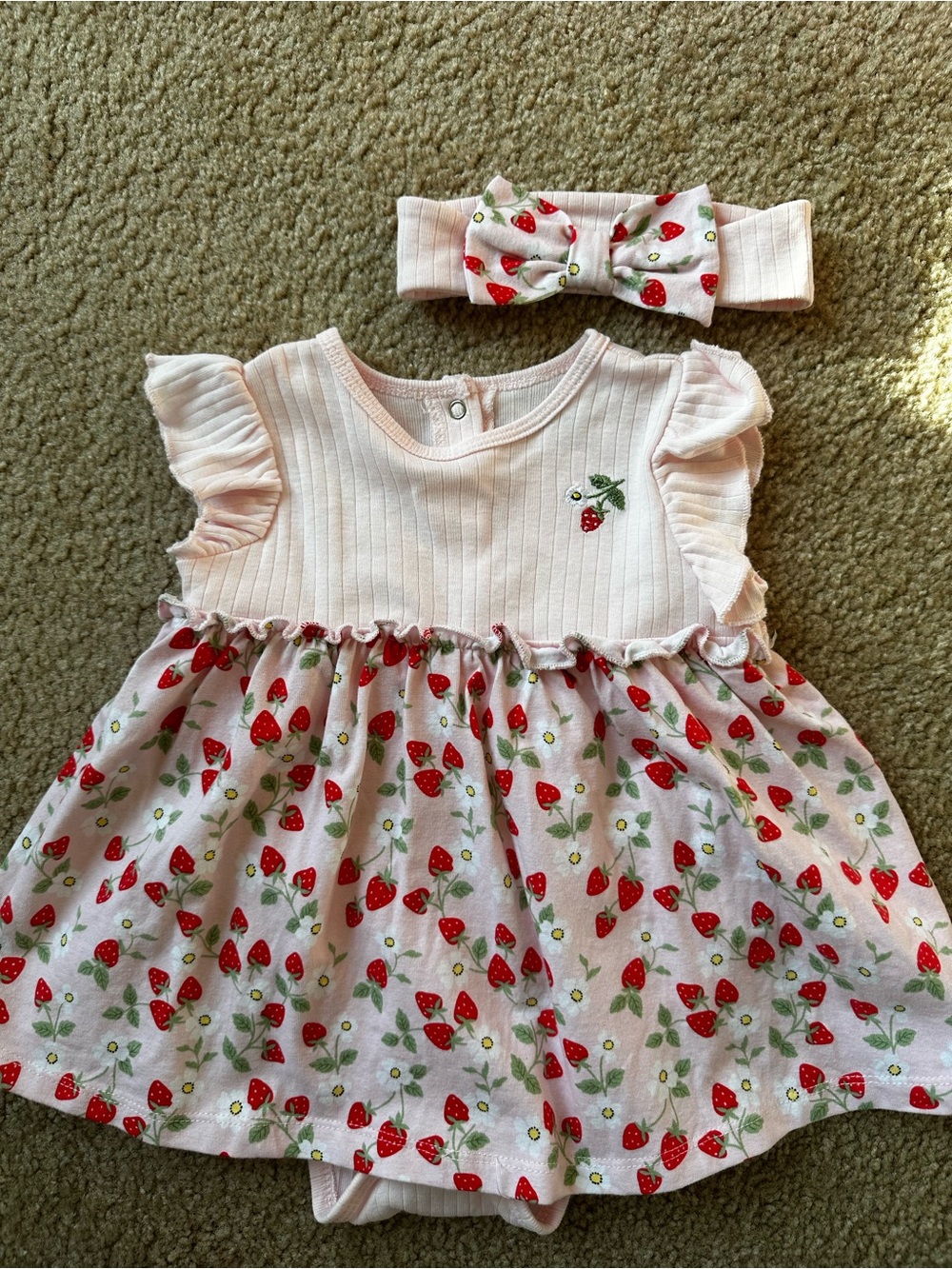 Little Me Light Pink Ribbed Baby Outfit with Strawberry Headband